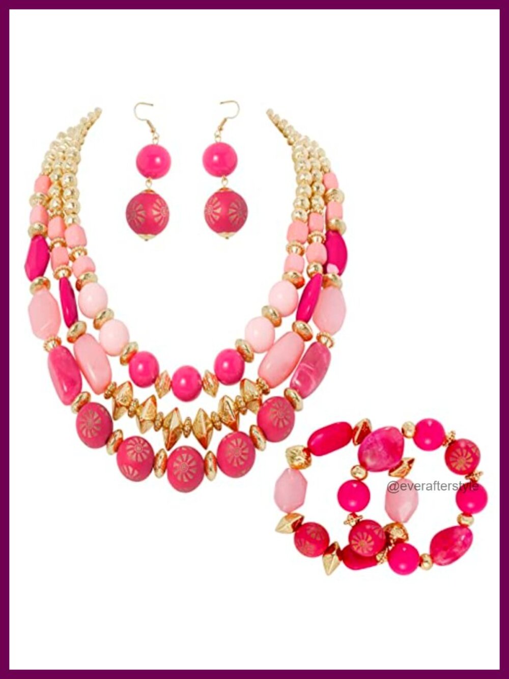 3 Layer Chunky Beaded Necklace Earrings Bracelet Set Acrylic Wood Statement